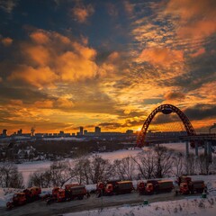 Zhivopisny suspension bridge winter sunset landscape in Moscow, Russia. Red beautiful modern...