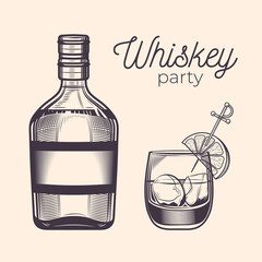 Whiskey bootle, glass with ice, lemon and whiskey. Whiskey party. Vintage vector engraving illustration for web, poster, invitation to party. Hand drawn design element isolated on white back