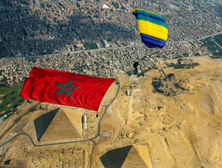 Moroccan Flag flying over the Giza Pyramids in Cairo, Egypt