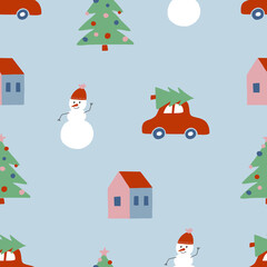 Cute Christmas winter seamless pattern with Christmas tree, car with tree on the roof, houses, snowman. Vector illustration