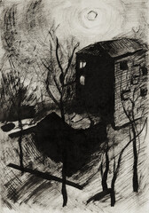 Ink painting, house at night. Gloomy monochrome painting.