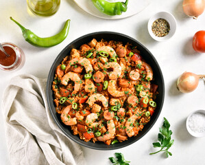 Creole jambalaya with chicken, smoked sausages and vegetables
