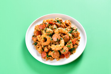 Creole jambalaya with chicken, smoked sausages and vegetables