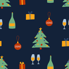 Cute Christmas winter seamless pattern with Christmas tree, balls, gifts, glasses of wine. Vector illustration