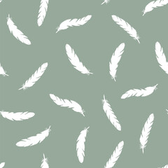 White feathers seamless pattern on green background.