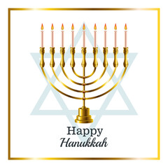 happy hanukkah celebration card with candelabrum and star in square frame