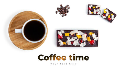 Coffee and raw chocolate on a white background. Long header banner format. Panorama website header banner. High quality photo