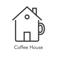 Logotipo con texto Coffee House con taza de café como casa con lineas en color gris