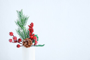 Christmas branch of a tree with ice, red berries and a pine cone in  white vase close-up. White background. Place for text.