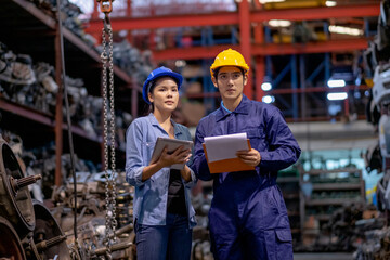 Warehouse woman work with factory worker and also discuss together about quality and stock of automotive parts in workplace area. Concept of good management and support system for industrial business.