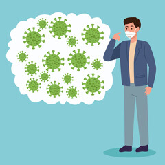 man wearing medical mask with covid19 particles