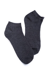 Pair of dark short socks on a white background, top view