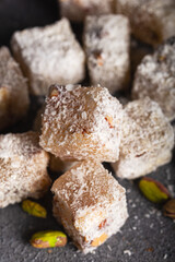 Traditional Turkish Delight with Pistachio.Eastern dessert with pistachio.