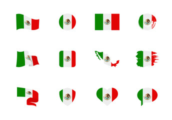 Mexico flag - flat collection. Flags of different shaped twelve flat icons.