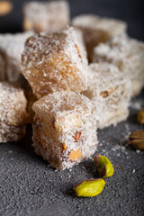 Traditional Turkish Delight with Pistachio.Eastern dessert with pistachio.