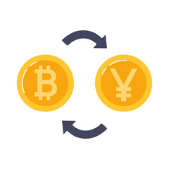 Exchange bitcoin for Chinese yuan. Blockchain technologies, bitcoins, altcoins, finance, digital money market, cryptocurrency.coins. Vector illustration in a flat style.