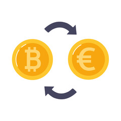 Exchange Bitcoin for Euro. Blockchain technologies, bitcoins, altcoins, finance, digital money market, cryptocurrency.coins. Vector illustration in flat style on white background