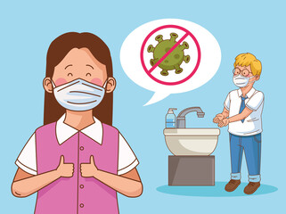 covid preventive at school scene with student boy and teacher washing hands