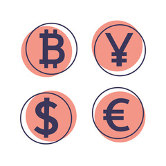 Obraz premium bitcoin, euro, dollar and yuan on a white background. Digital currency. Cryptocurrency. Vector illustration of cool icons