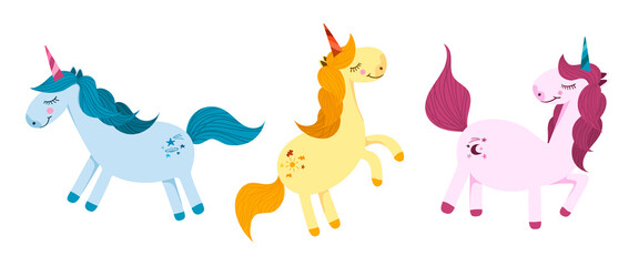 Set of vector illustration with colorful unicorns for kids. Vector illustration isolated on a white background. Illustration for fabrics, stickers, clothing, gifts, toys.