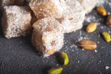 Traditional Turkish Delight with Pistachio.Eastern dessert with pistachio.