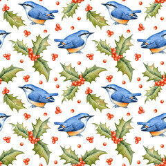 Festive endless texture. Watercolor of birds and plants isolated on white.  Seamless pattern for greeting design. Hand drawn stock illustration.