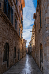 Dubrovnik, Croatia. Dubrovnik old city street view medieval Ragusa in Stradum area. September 2020 - obrazy, fototapety, plakaty