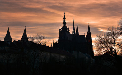 Prague Castle silhouette at sunset stock images. Ancient architecture in Prague. Evening Prague old town photo. Beautiful sunset over Prague Castle stock images