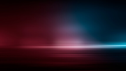 Neon futuristic landscape of a night street with neon light reflected in the water. Wet street, red and blue neon lights. Urban neon abstraction. Dark street wet asphalt reflections of rays.