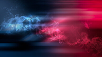 Neon futuristic landscape of a night street with neon light reflected in the water. Wet street, red and blue neon lights. Urban neon abstraction. Dark street wet asphalt reflections of rays.