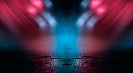 Neon futuristic landscape of a night street with neon light reflected in the water. Wet street, red and blue neon lights. Urban neon abstraction. Dark street wet asphalt reflections of rays.