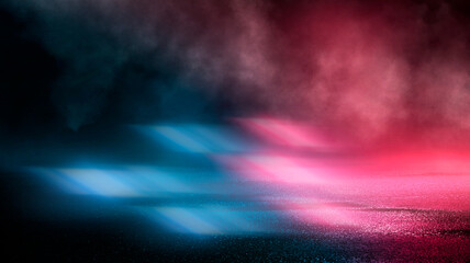 Neon futuristic landscape of a night street with neon light reflected in the water. Wet street, red and blue neon lights. Urban neon abstraction. Dark street wet asphalt reflections of rays.