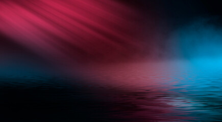 Neon futuristic landscape of a night street with neon light reflected in the water. Wet street, red and blue neon lights. Urban neon abstraction. Dark street wet asphalt reflections of rays.