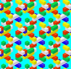 Isometric seamless pattern from colored plastic blocks. Vector illustration
