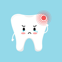 Tooth with pain ache dental icon isolated on blue background. Cute sick teeth character. Flat cartoon kids dentistry character with hurt vector illustration. Dent hygiene, prevention treatment concept