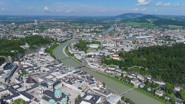 Salzburg, Austria: Aerial view of historic city center - landscape panorama of Europe from above