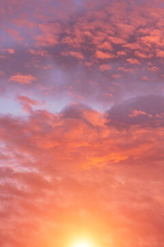 Soft sunrise, sunset pink violet orange sky with sun, clouds background texture