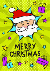 Bright pop art Christmas card with Santa Claus. Comic greeting banner with Merry Christmas, gifts and stars. Vector illustration.