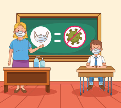 Covid Preventive At School Scene With Teacher And Student Boy In Classroom
