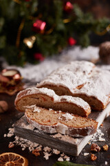 Fototapeta na wymiar Traditional German Christmas pastries - Dresden Stollen. National German cuisine