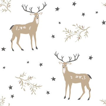 Christmas seamless pattern, white background. Forest cute deer animals, twigs, stars. Vector illustration. Nature design. Season greeting. Winter Xmas holidays