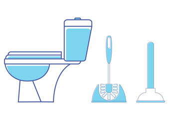 Toilet icon. Restroom. WC, bathroom in blue color. Toilet brush and plunger. Brush and plunger in blue color. Plumbing service. Vector