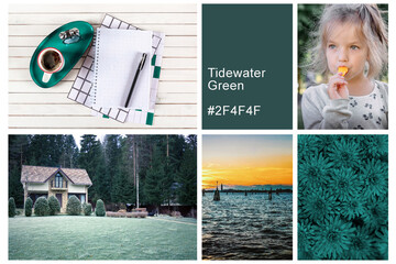 Collage set made of photos toning in Tidewater Green color. Trendy creative design in color of 2021