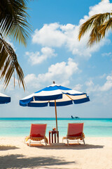 Vacation scene: umbrella and chairs on the beach of Maldives. - 393975673