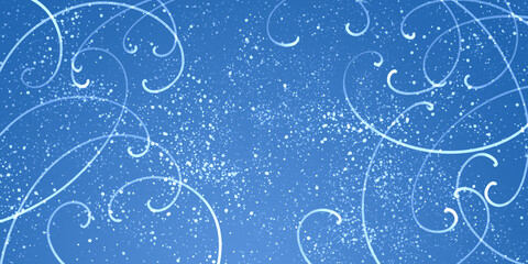 Winter rich blue banner with snow and curls around the edges of the background. Light gradient, christmas universal background for spider webs and prints