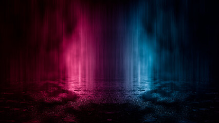 Fototapeta premium Neon futuristic landscape of a night street with neon light reflected in the water. Wet street, red and blue neon lights. Urban neon abstraction. 