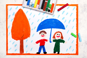 Colorful drawing: Autumn rain, Smiling couple holding umbrella