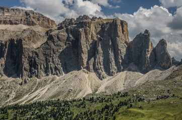 Sella group, plateau-shaped mountain massif in the Dolomites, north of the Marmolada and  east of...