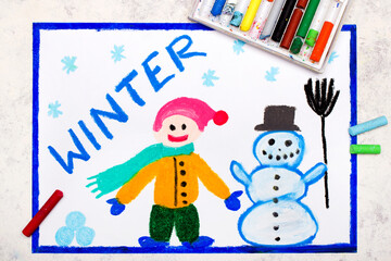 Colorful hand drawing: Word WINTER. Happy smiling man and cute snowman and snowflakes. Winter time