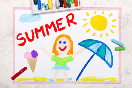 Colorful drawing: Summer time Smiling girl with ice cream and beach umbrella
